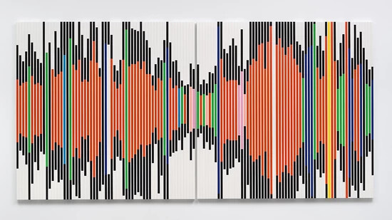 "So in a sense it’s abstract as no painting will ever be [Sound Graph 3]" von Sarah Morris. Das Gemälde ist eines der 56, die im Zentrum Paul Klee ausgestellt werden.